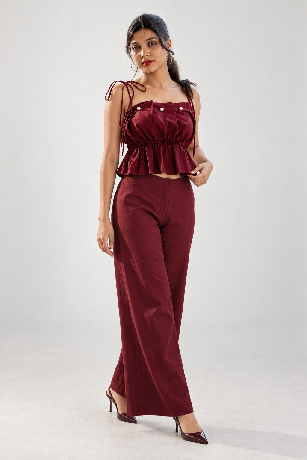Pearls & Pleats Co-ord Set (Maroon)