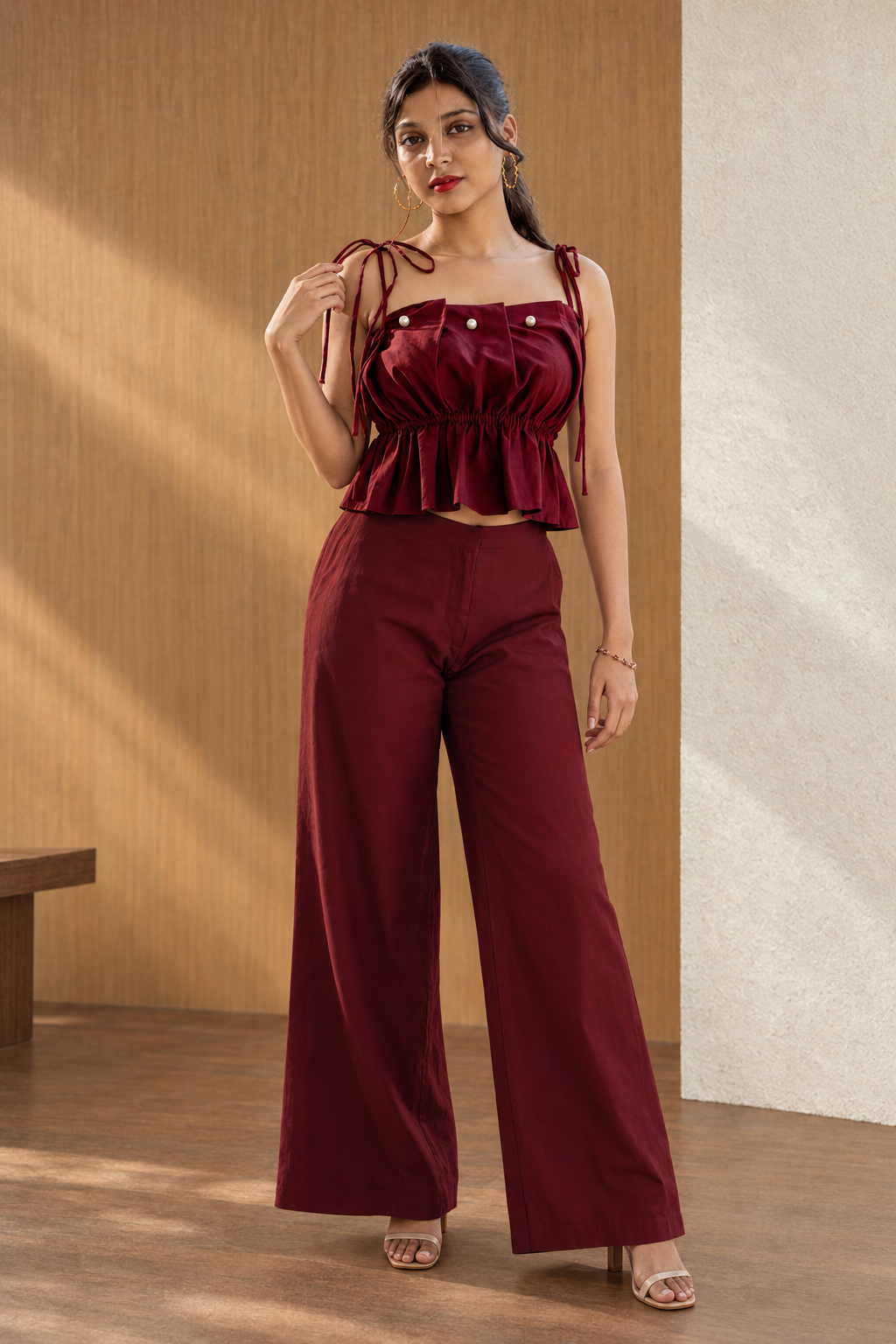 Pearls & Pleats Co-ord Set (Maroon)